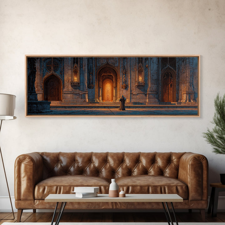 Medieval Knight Standing Before Illuminated Gothic Cathedral Entrance Wall Art Framed Canvas Print