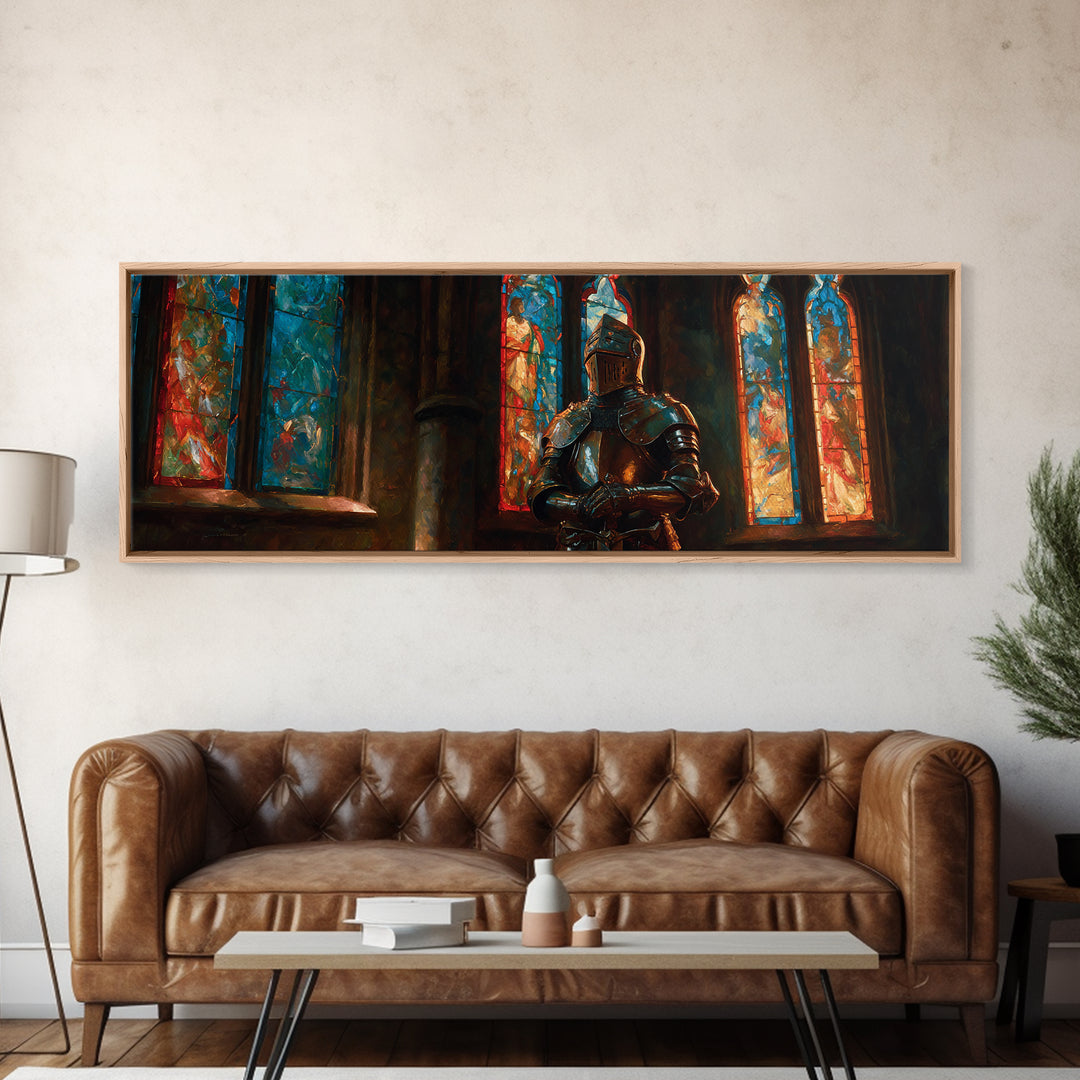 Praying Knight In Gleaming Armor Amid Stained Glass Windows Framed Canvas Print Medieval Religious Wall Art