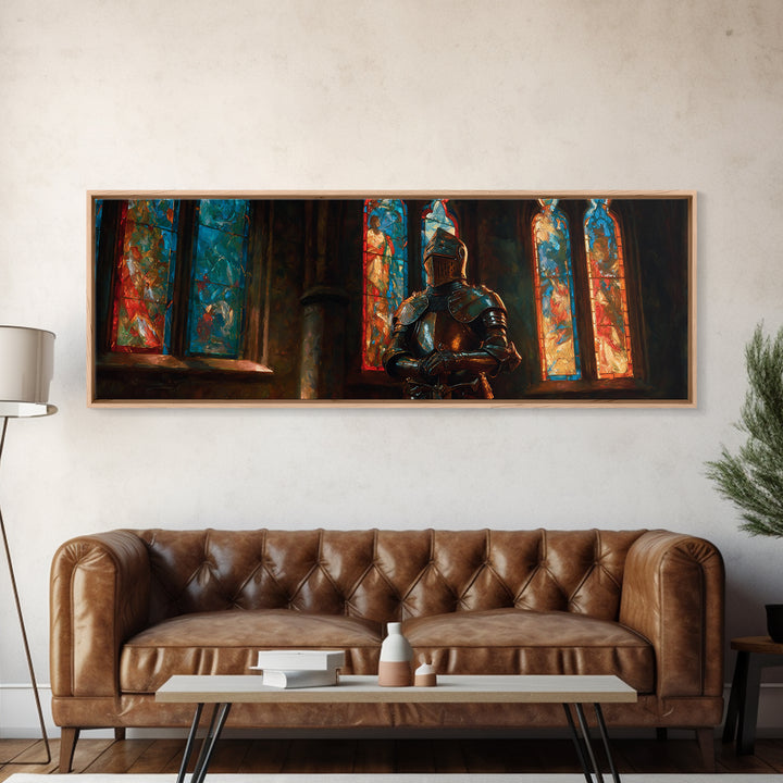 Praying Knight In Gleaming Armor Amid Stained Glass Windows Framed Canvas Print Medieval Religious Wall Art