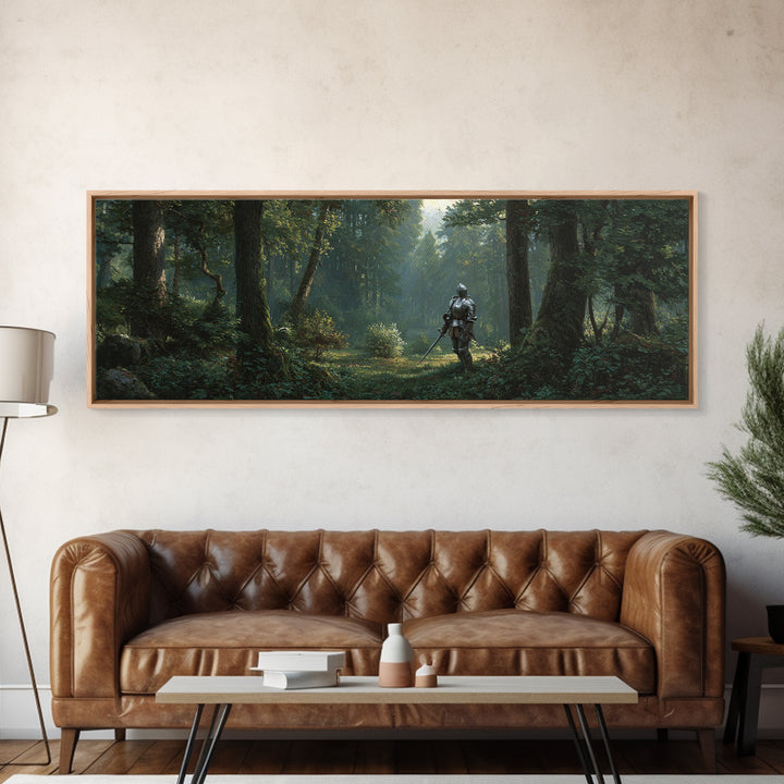 Medieval Knight Forest Scene Framed Canvas Print Romantic Fantasy Painting Wall Art for Living Room Decor and Office Wall