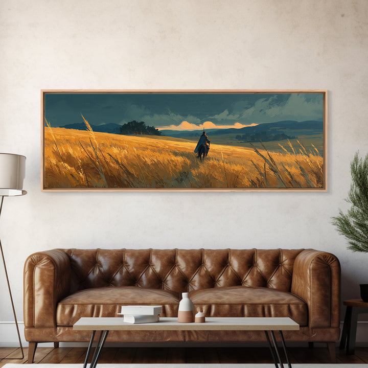 Solitary Knight Riding Through A Vast Golden Wheat Field At Sunset Landscape Canvas Print For Rustic Home Decor
