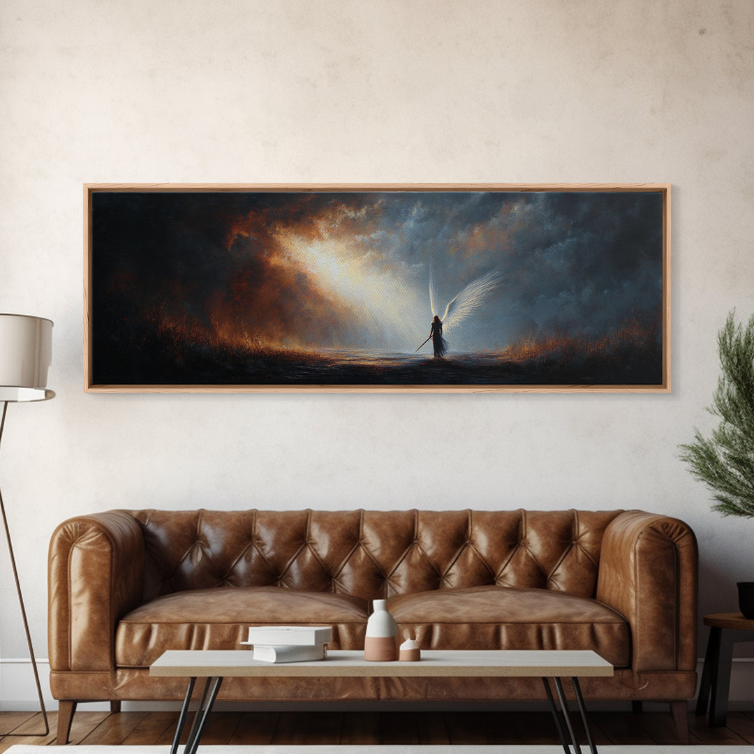 Vibrant Sunset Over Battlefield With Knight and Fallen Warriors Canvas Print Dramatic Medieval Wall Art For Home and Office Decor