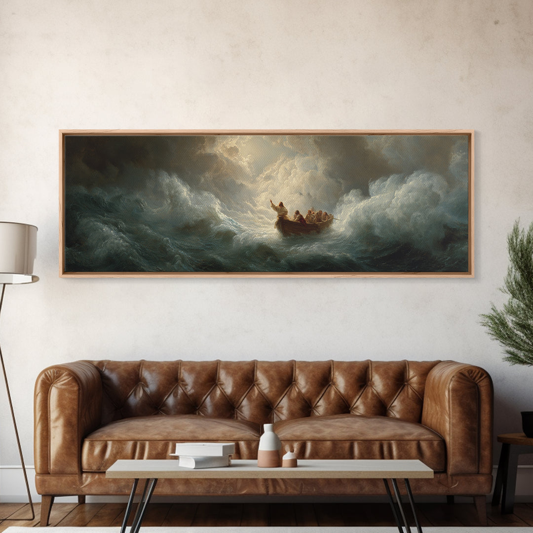 Tiny Boat In Stormy Ocean Waves Wall Art, Dramatic Seascape Painting, Biblical Sea Canvas Print, Moody Coastal Decor Gift