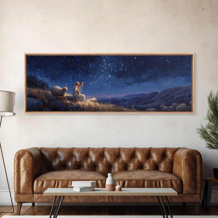 Serene Nighttime Scene of Woman Playing Harp Among Sheep Under Starry Sky Magical Landscape Wall Art Canvas Print