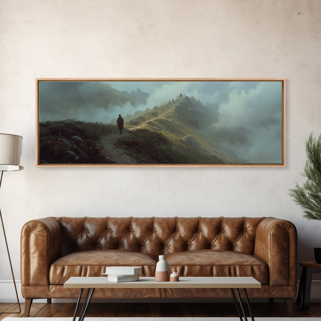Epic Fantasy Landscape With Knight On Foggy Mountain Path Wall Art Framed Canvas Print For Bedroom Decor