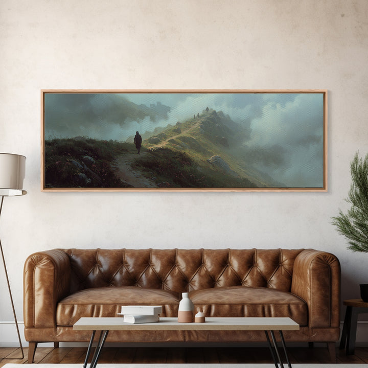 Epic Fantasy Landscape With Knight On Foggy Mountain Path Wall Art Framed Canvas Print For Bedroom Decor