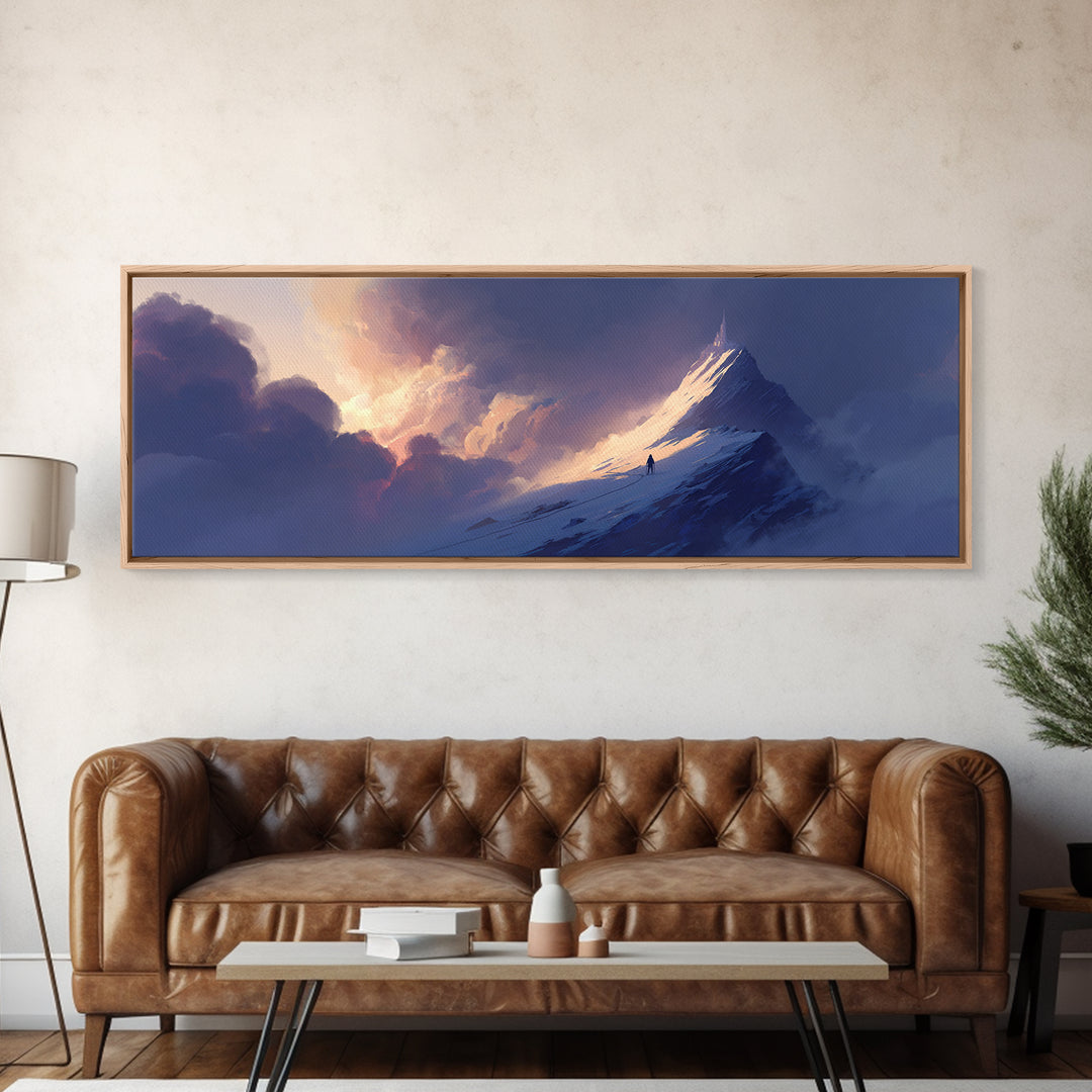 Epic Mountain Summit Climber Under Dramatic Sky Digital Painting Wall Art Framed Canvas Print For Adventure Home Decor