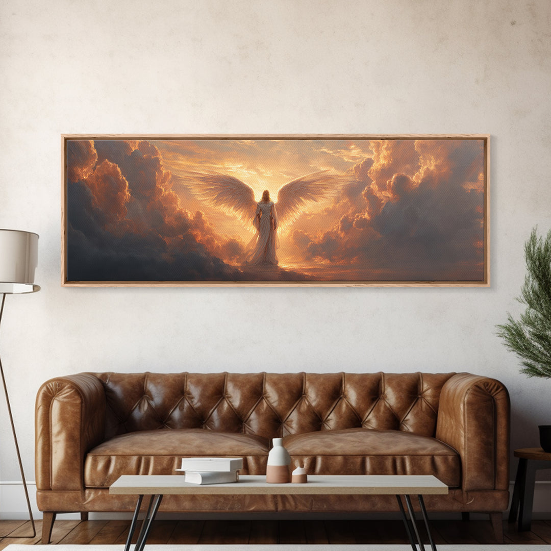 Majestic Angel Figure Surrounded By Glowing Clouds Inspirational Religious Wall Art Canvas Print For Spiritual Home Decor