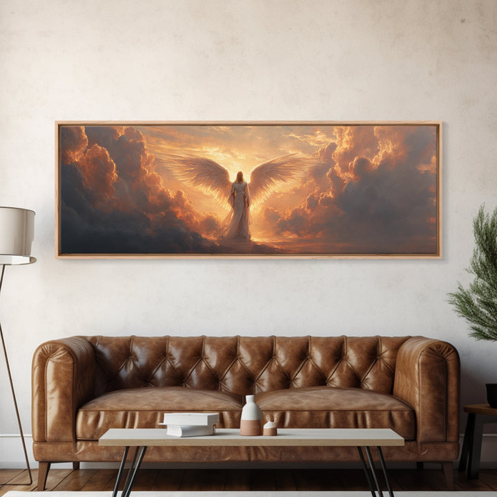 Majestic Angel Figure Surrounded By Glowing Clouds Inspirational Religious Wall Art Canvas Print For Spiritual Home Decor