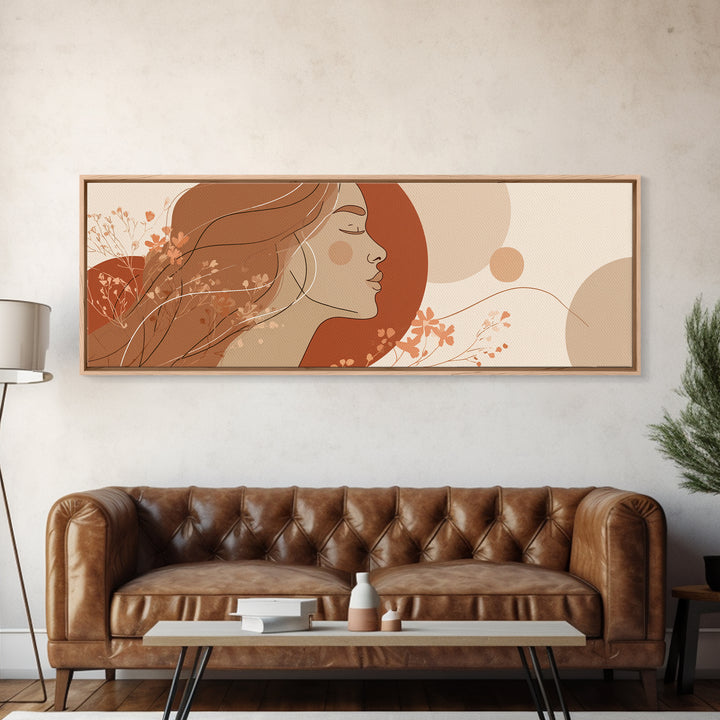 Boho Woman Profile Floral Wall Art, Terracotta Sun Canvas Print, Feminine Abstract Portrait, Modern Bedroom Decor, Gift For Her