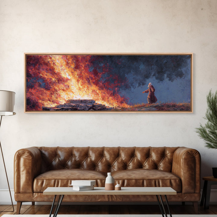 Biblical Scene Of Fiery Altar With Aged Man In Robe Religious Wall Art Framed Canvas Print For Home Decor