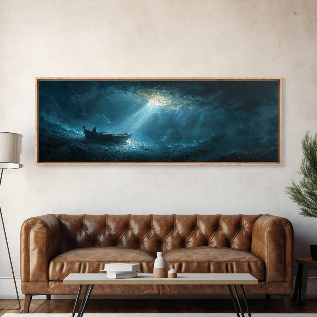 Stormy Seascape With Lone Boat Piercing Light Rays Through Clouds Canvas Print Large Wall Art Home Decor