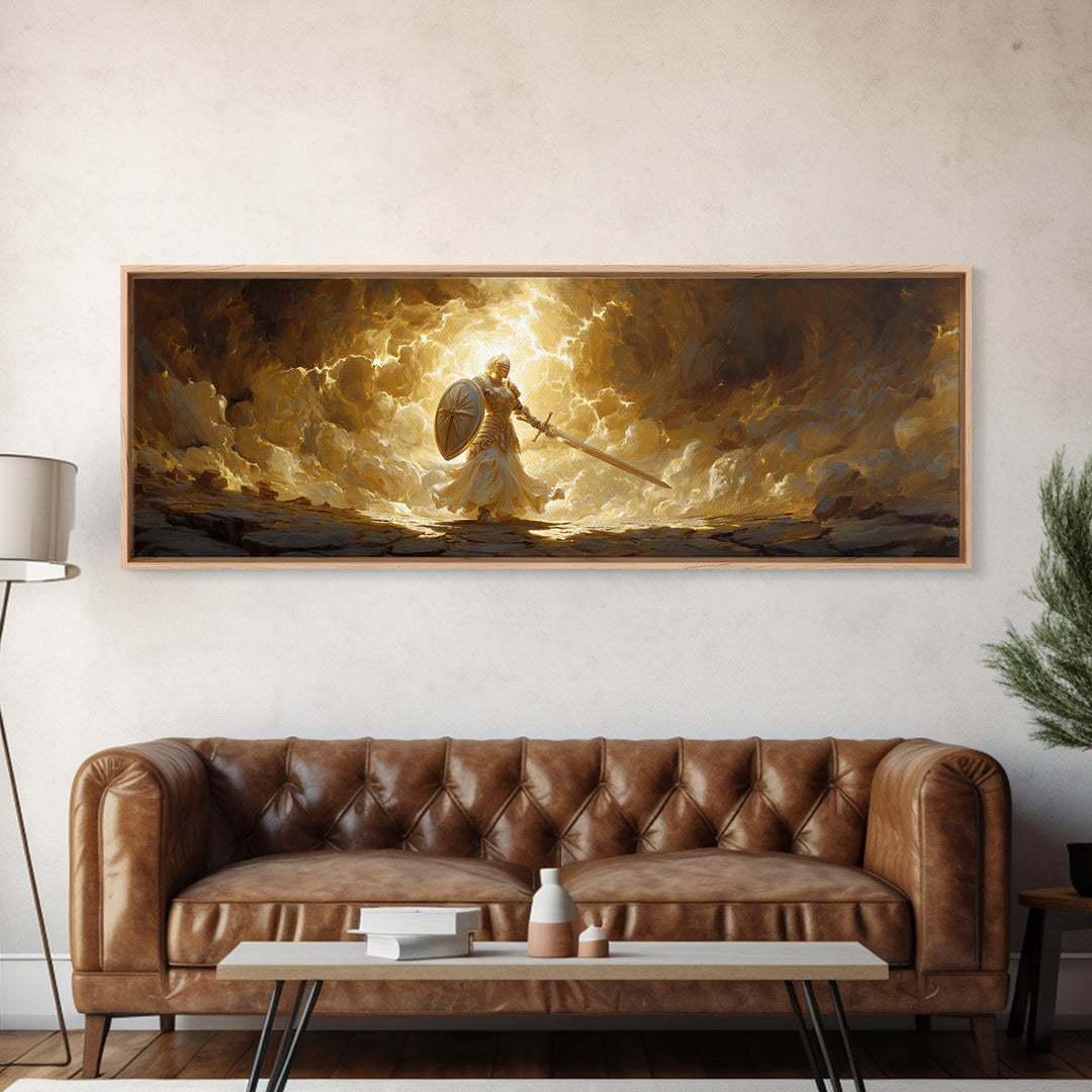 Radiant Angel Warrior With Sword Canvas Print, Christian Fantasy Wall Art, Spiritual Decor, Inspirational Gift For Him, Modern Home Decor