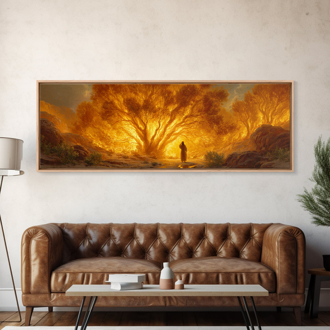 Dramatic Burning Tree With Spiritual Figure Walking Through Fiery Forest Original Art Canvas Print For Inspirational Wall Art Decor