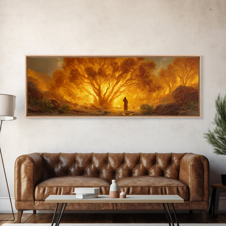 Dramatic Burning Tree With Spiritual Figure Walking Through Fiery Forest Original Art Canvas Print For Inspirational Wall Art Decor