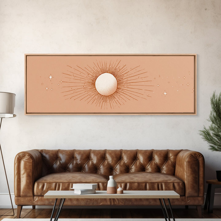 Radiant Sun Celestial Wall Art, Peach Minimalist Canvas Print, Boho Sun And Moon Decor, Spiritual Bedroom Wall Decor Print