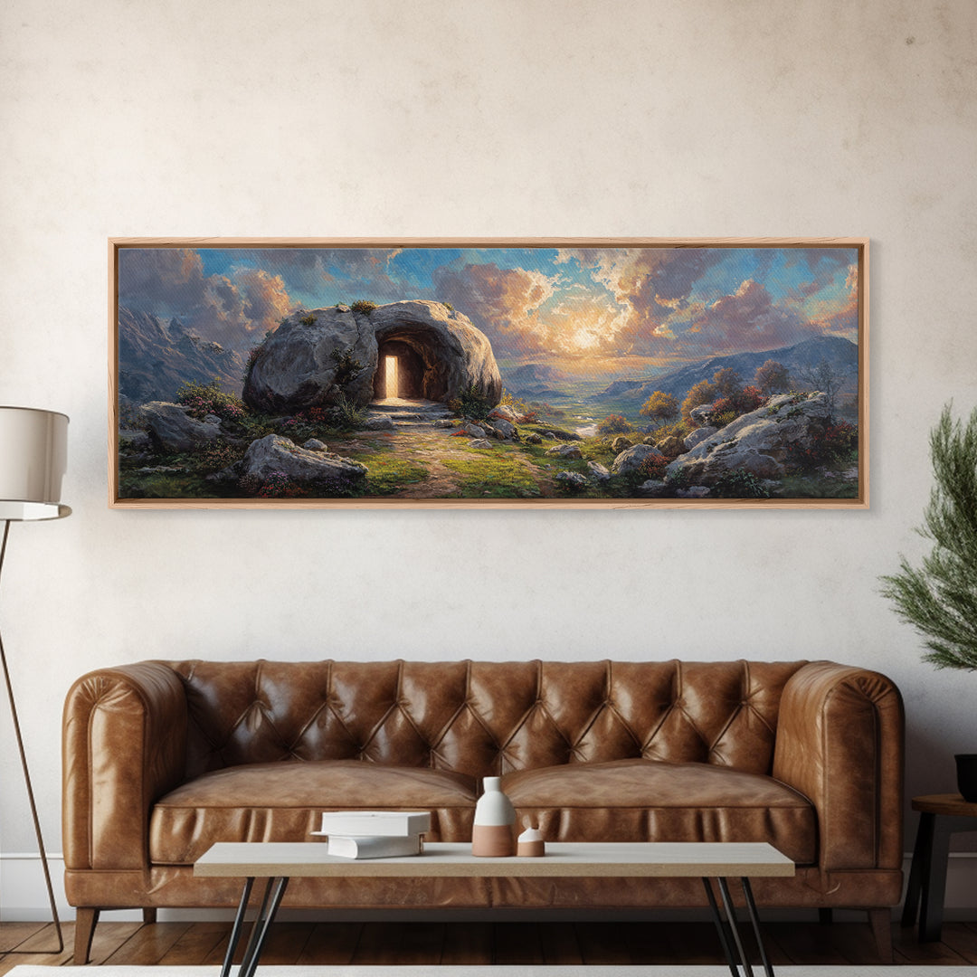 Luminous Entrance To Rocky Cave At Sunset Landscape Wall Art Framed Canvas Print For Home Decor
