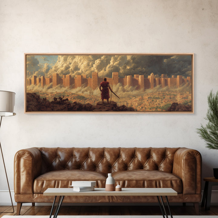 Epic Ancient Siege Scene With Warrior Overlooking Burning City - Dramatic Wall Art Canvas Print For Home Office And Living Room Decor