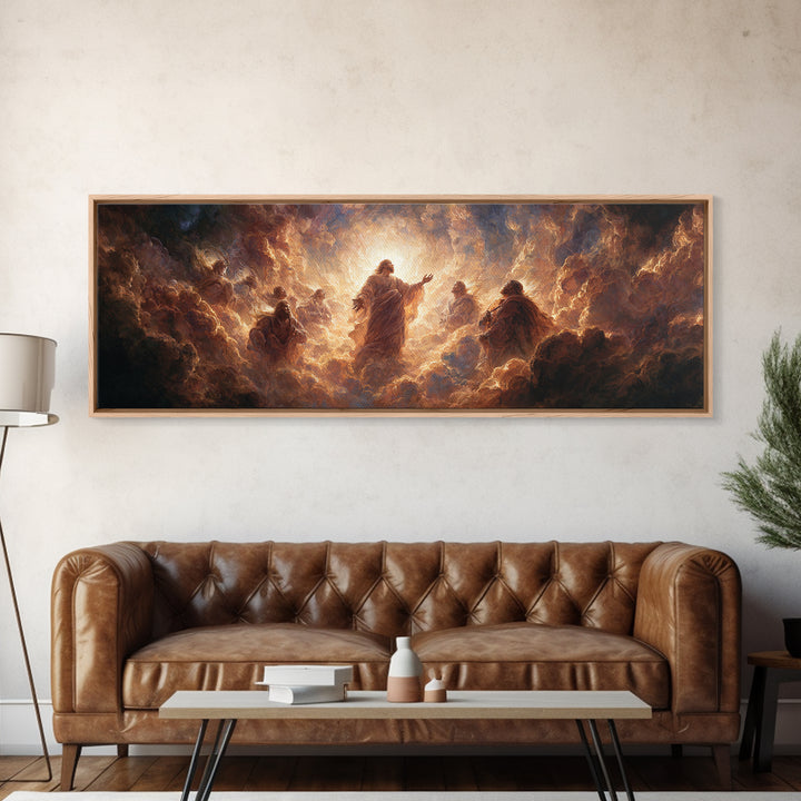 Radiant Ascension Of Christ Surrounded By Disciples Religious Wall Art Framed Canvas Print Spiritual Home Decor