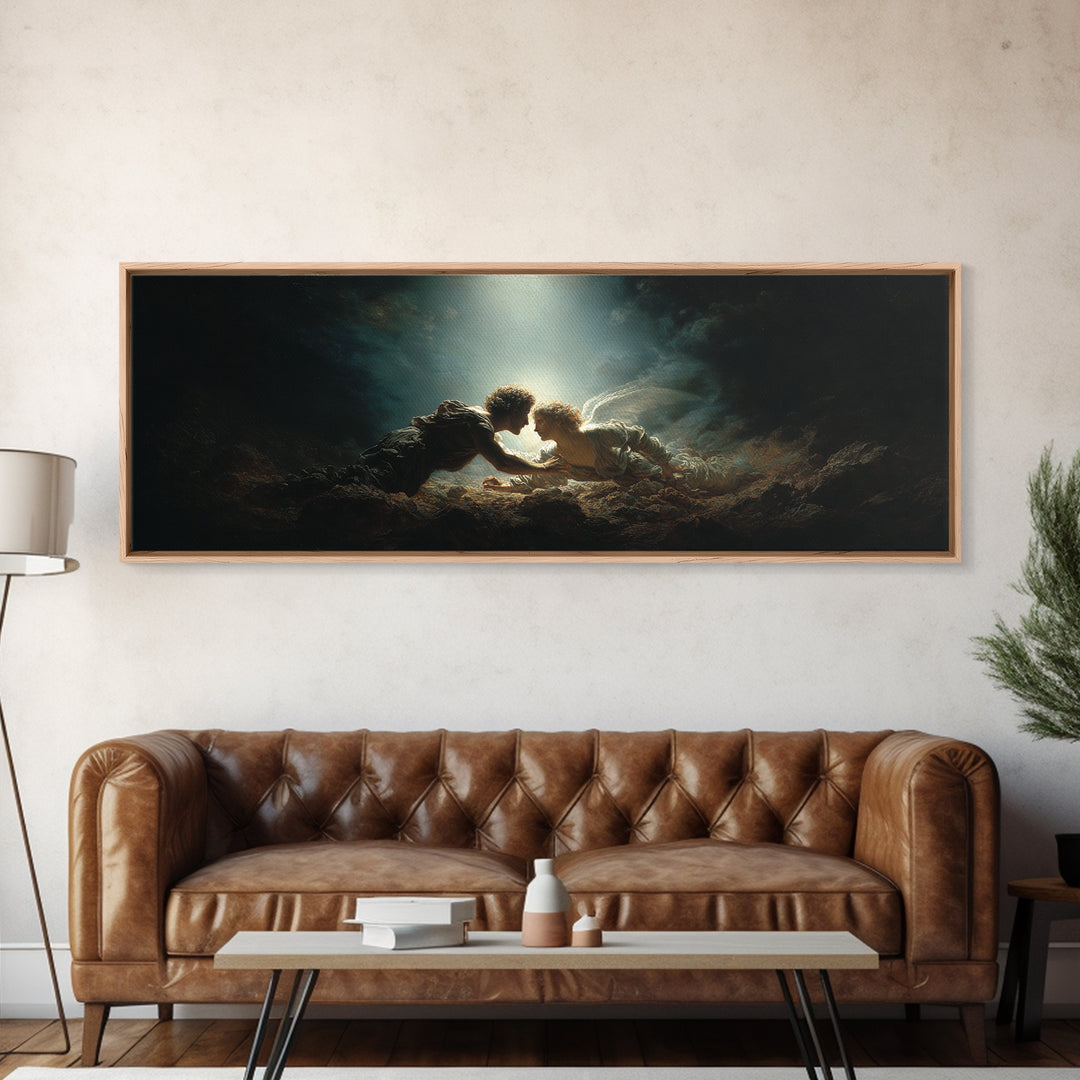 Romantic Mythical Lovers Surrounded By Dramatic Light Fine Art Painting Framed Canvas Print For Wall Decor