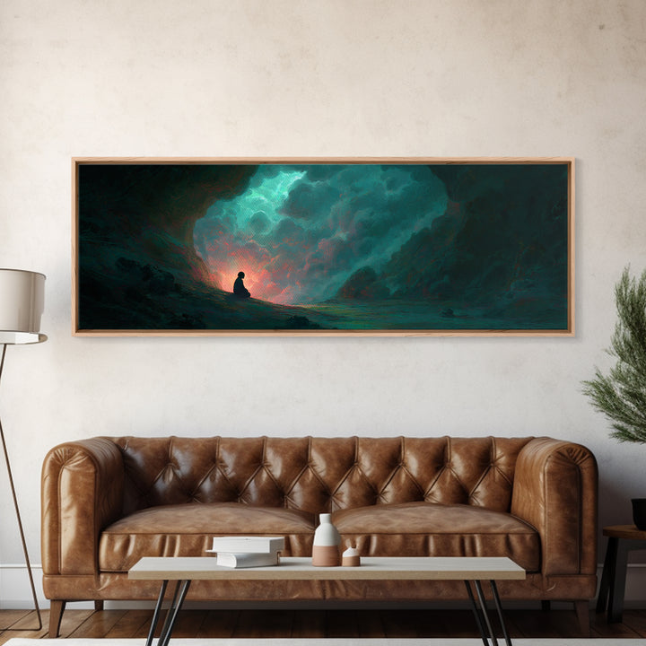 Meditating Figure In Mystical Cave With Glowing Light And Nature Elements Wall Art