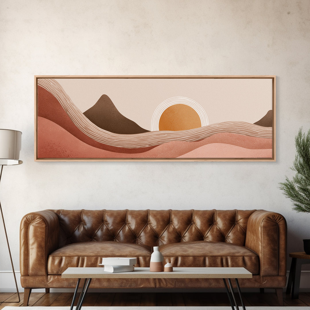 Desert Sunset Abstract Landscape Wall Art, Terracotta Mountain Canvas Print, Southwest Boho Living Room Decor, Wide Wall Art