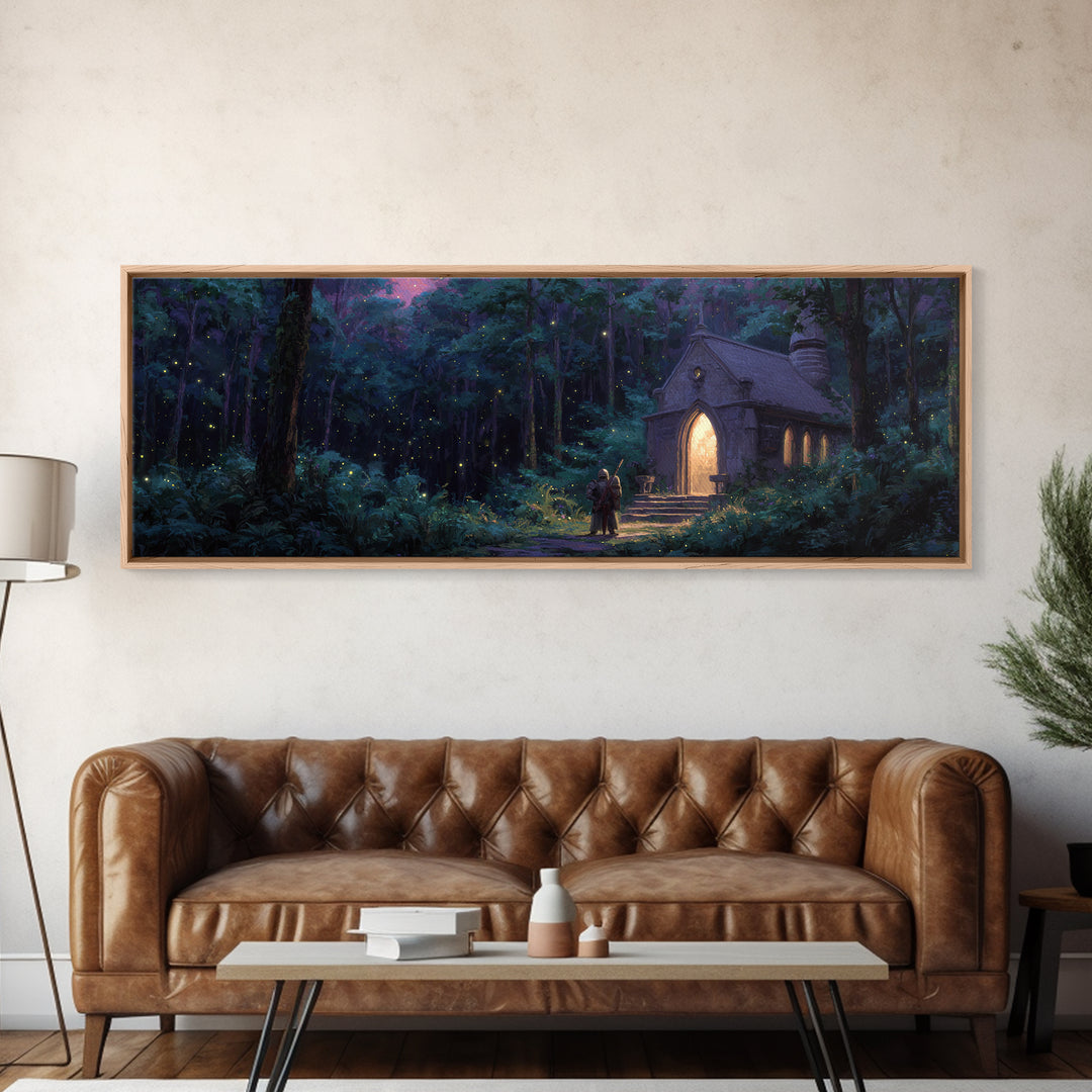 Enchanting Forest Chapel At Night With Glowing Lights And Two Travelers Original Fantasy Wall Art Print