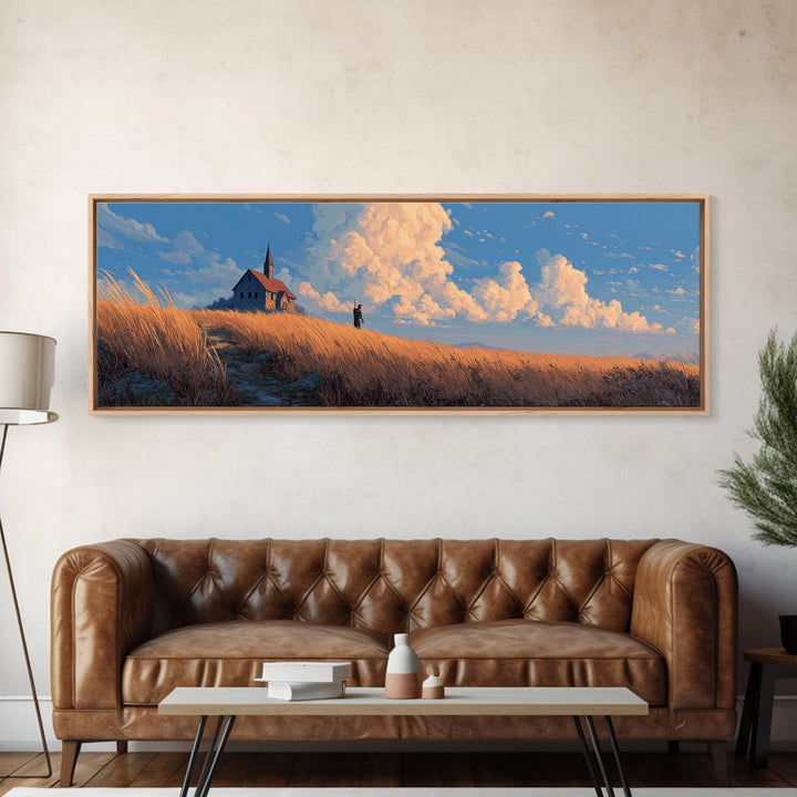 Peaceful Countryside Scene With Golden Wheat Field And Small Church Under Dramatic Sky Framed Canvas Print For Nature Wall Art