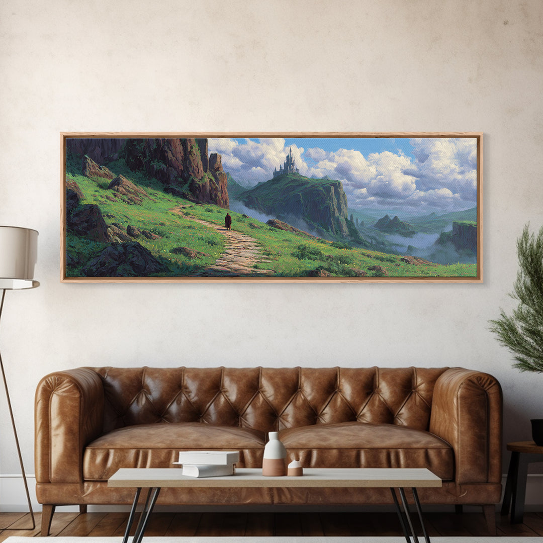 Enchanting Fantasy Landscape With Lone Traveler Walking Toward Mystic Castle on Cliff Surrounded by Lush Greenery Wall Art Canvas Print