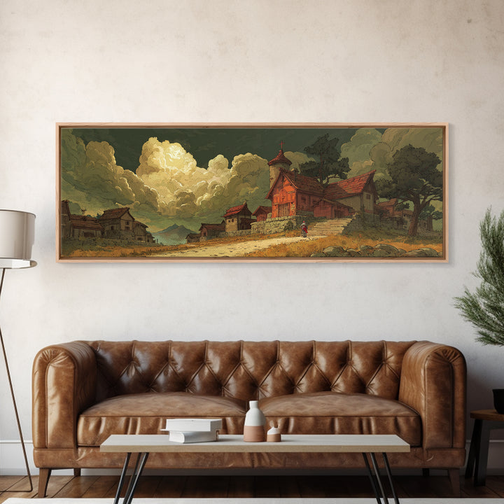 Fantasy Village Landscape Artwork With Knight And Dramatic Sky In Warm Tones Canvas Print