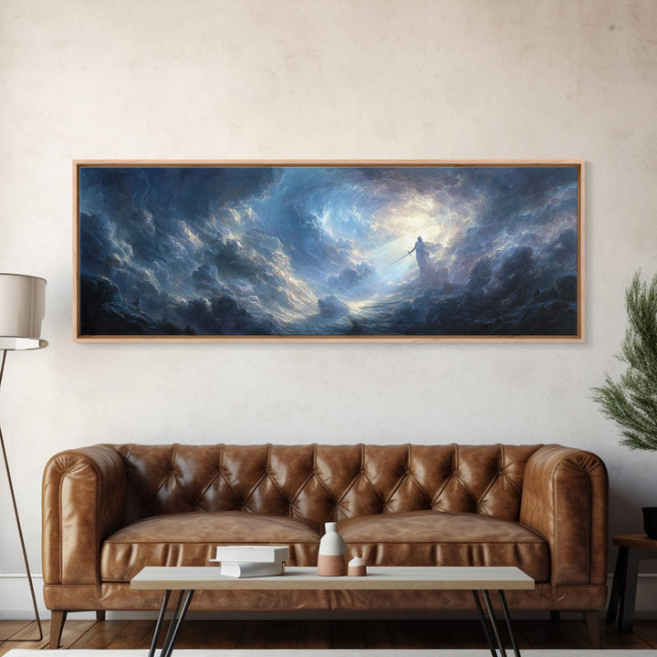 Dramatic Angelic Warrior In Radiant Clouds With Sword Wall Art Framed Canvas Print For Home Decor And Spiritual Gift