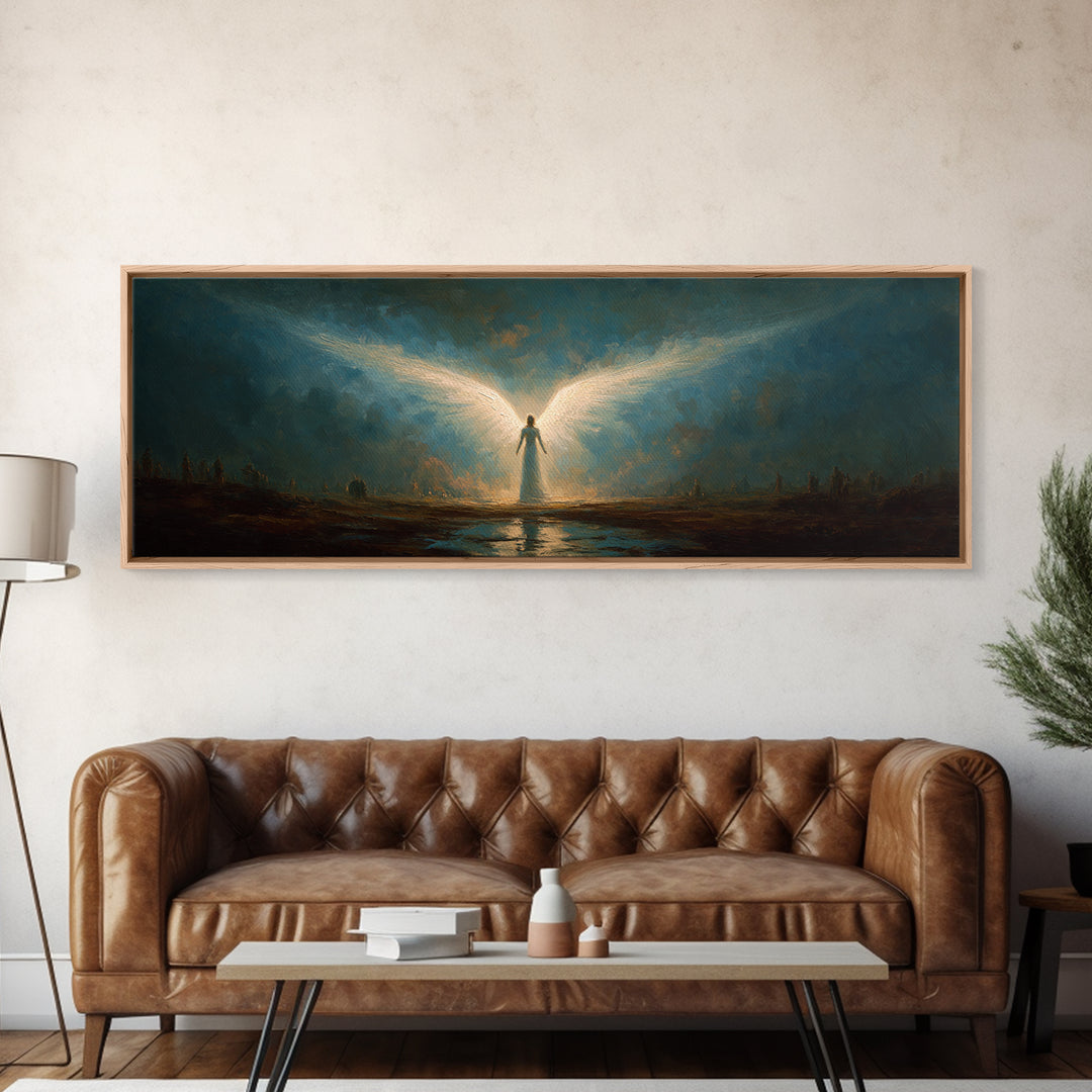 Ethereal Canvas Print Of Angelic Figure Radiating Light Among Heavenly Battle Scene Spiritual Wall Art For Inspirational And Contemporary Home Decoration