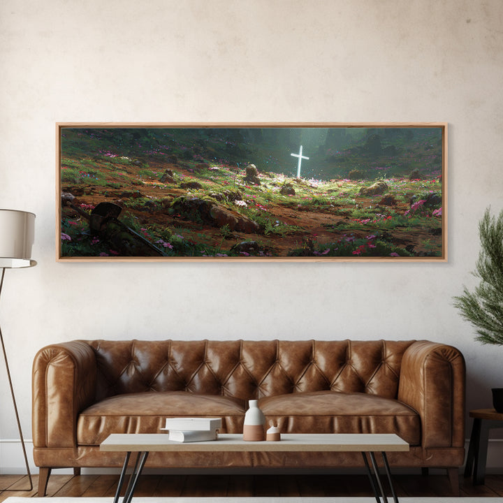 Fantasy Garden Illuminated Cross With Sword On Ground Painting - Canvas Print, Spiritual Wall Art, Religious Home Decor, Gift For Her