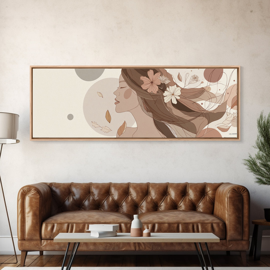 Feminine Floral Woman Profile Wall Art, Neutral Line Art Canvas Print, Boho Bedroom Decor, Romantic Gift For Her, Wall Decor