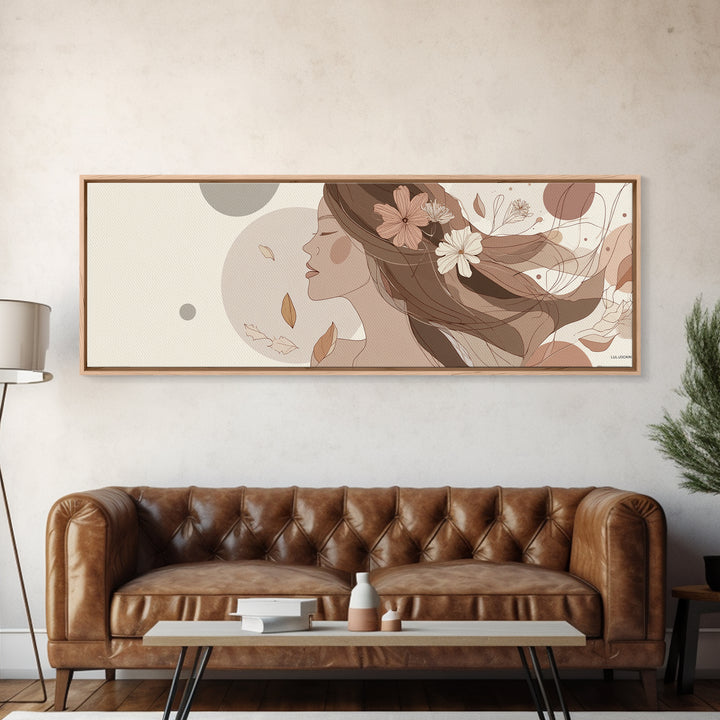 Feminine Floral Woman Profile Wall Art, Neutral Line Art Canvas Print, Boho Bedroom Decor, Romantic Gift For Her, Wall Decor