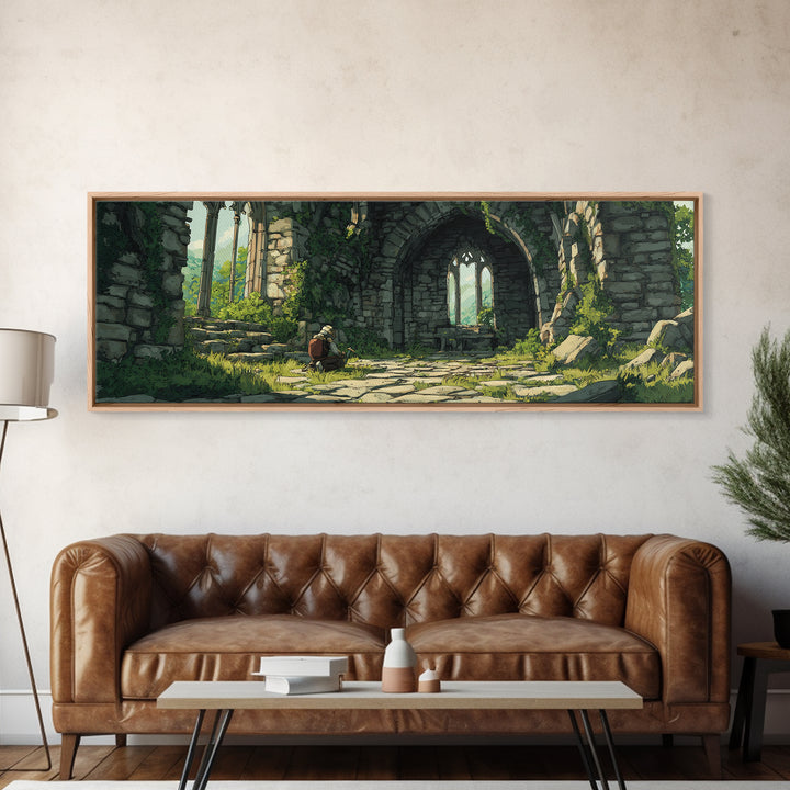 Serene Ruins With Adventurer In Medieval Stone Archway Wall Art Perfect For Home Decor Lovers And Fantasy Enthusiasts Framed Canvas Print