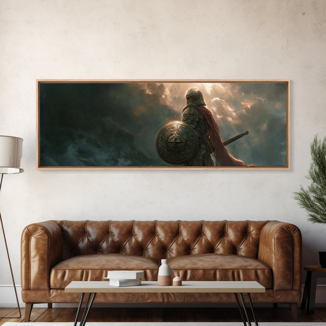 Knight In Armor Standing Against Dramatic Sky Full Of Clouds And Sun Rays - Epic Warrior Wall Art Framed Canvas Print For Home