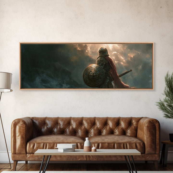 Knight In Armor Standing Against Dramatic Sky Full Of Clouds And Sun Rays - Epic Warrior Wall Art Framed Canvas Print For Home