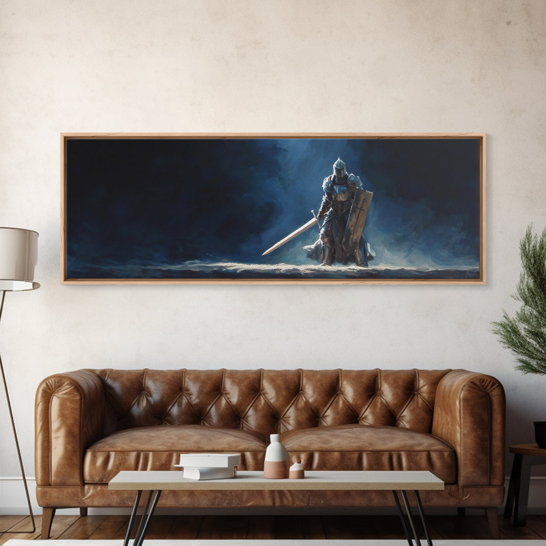 Knight In Armor Fantasy Wall Art Canvas Print Dramatic Original Painting Of Medieval Warrior With Sword Shield
