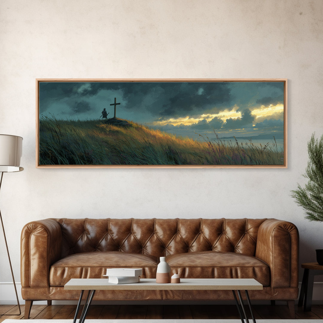 Peaceful Landscape Painting Of Knight And Cross At Sunset Over Rolling Hills Moody Wall Art Print