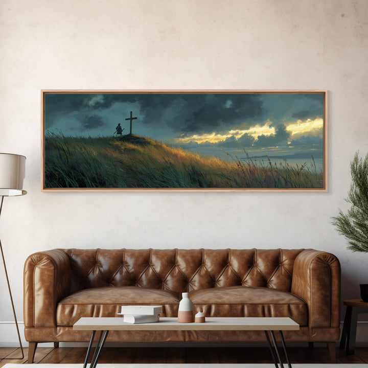 Peaceful Landscape Painting Of Knight And Cross At Sunset Over Rolling Hills Moody Wall Art Print
