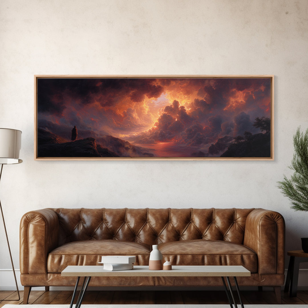 Epic Figure Facing Fiery Sunstorm Fantasy Landscape Wall Art Framed Canvas Print For Dramatic Home Decor And Contemporary Art Lovers