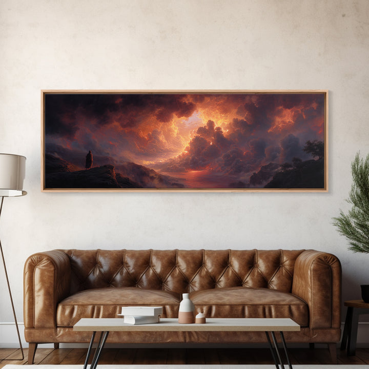 Epic Figure Facing Fiery Sunstorm Fantasy Landscape Wall Art Framed Canvas Print For Dramatic Home Decor And Contemporary Art Lovers