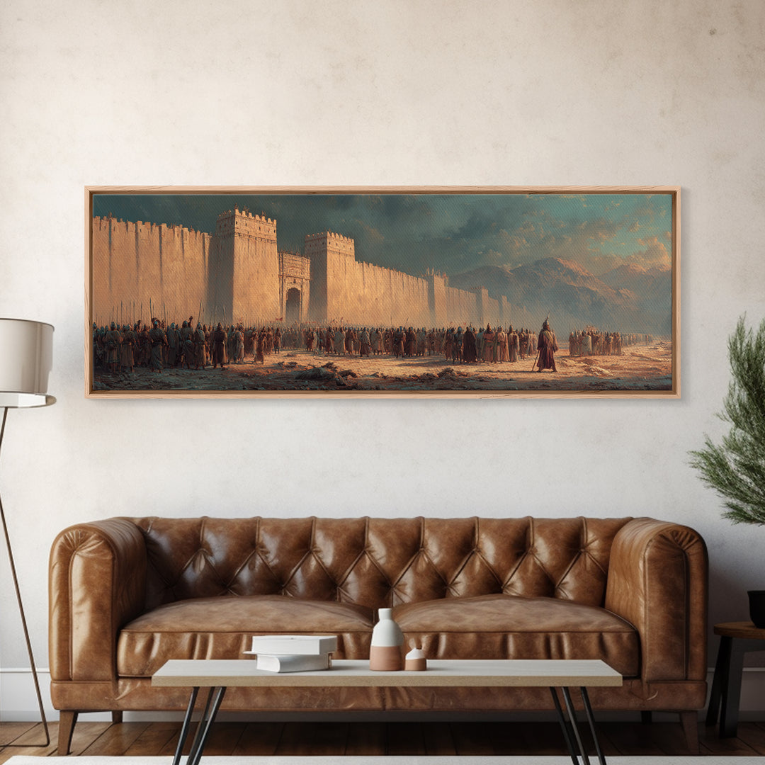 Historical Ancient Fortress Castle With Army Gathering In Front Under Moody Sky Canvas Print