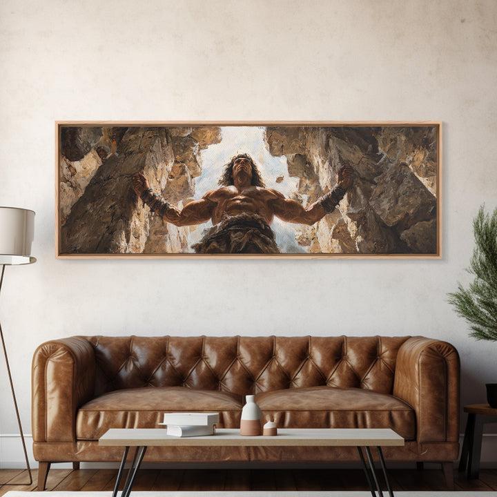 Powerful Barbarian Breaking Rocks With Muscular Strength Wall Art Framed Canvas Print For Home Decor And Office