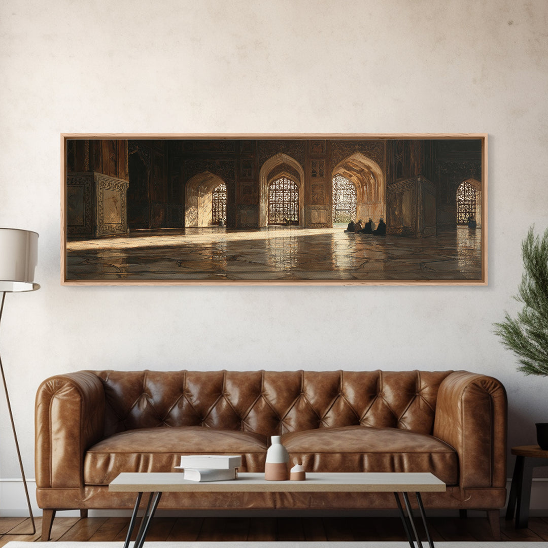 Golden Mosque Prayer Hall Wall Art, Islamic Architecture Canvas, Arabic Home Decor, Spiritual Travel Print For Living Room
