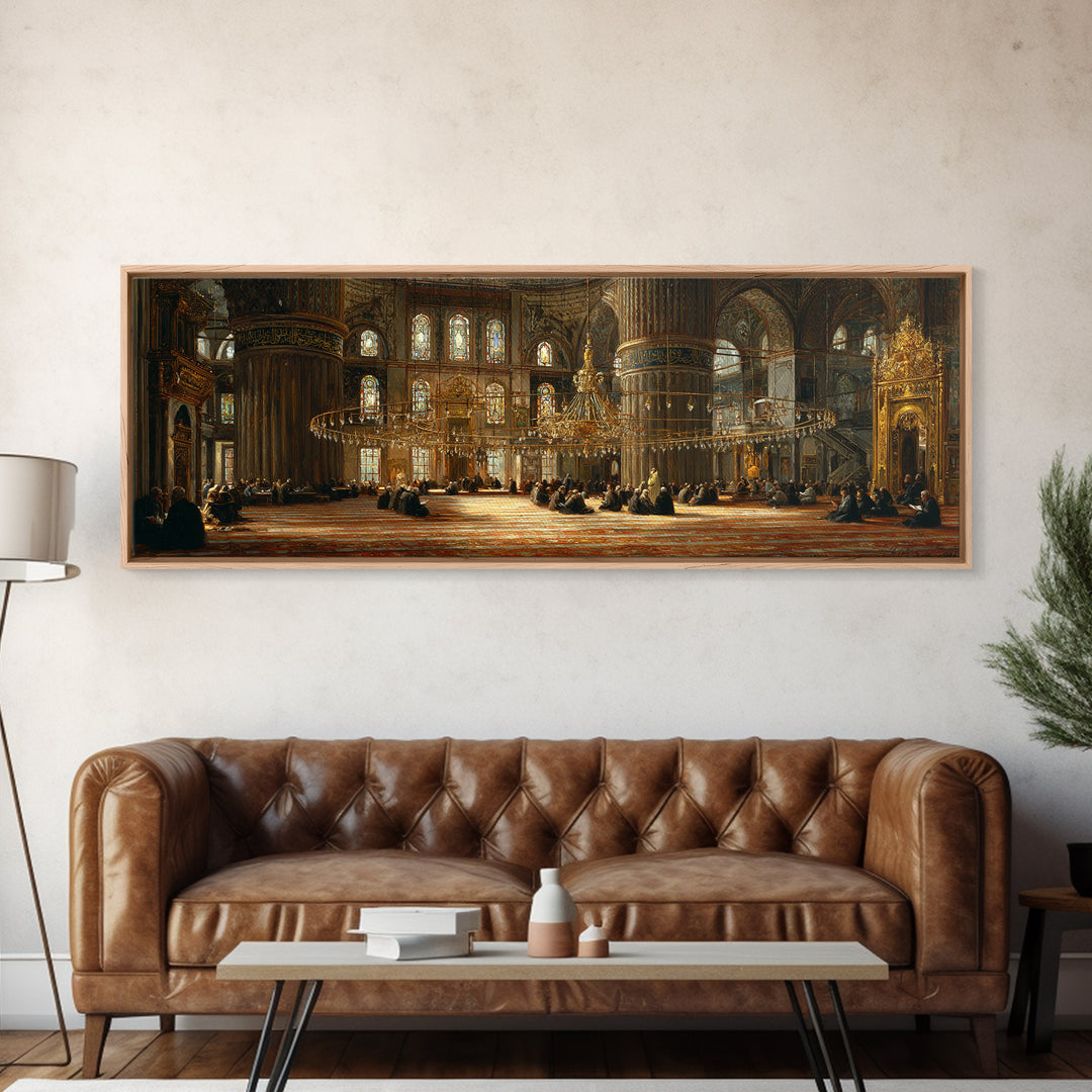 Intricate Historic Mosque Interior With Worshippers And Golden Details Wall Art Beautiful Islamic Architecture Framed Canvas Print