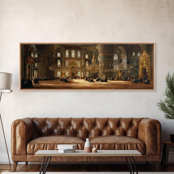 Intricate Historic Mosque Interior With Worshippers And Golden Details Wall Art Beautiful Islamic Architecture Framed Canvas Print