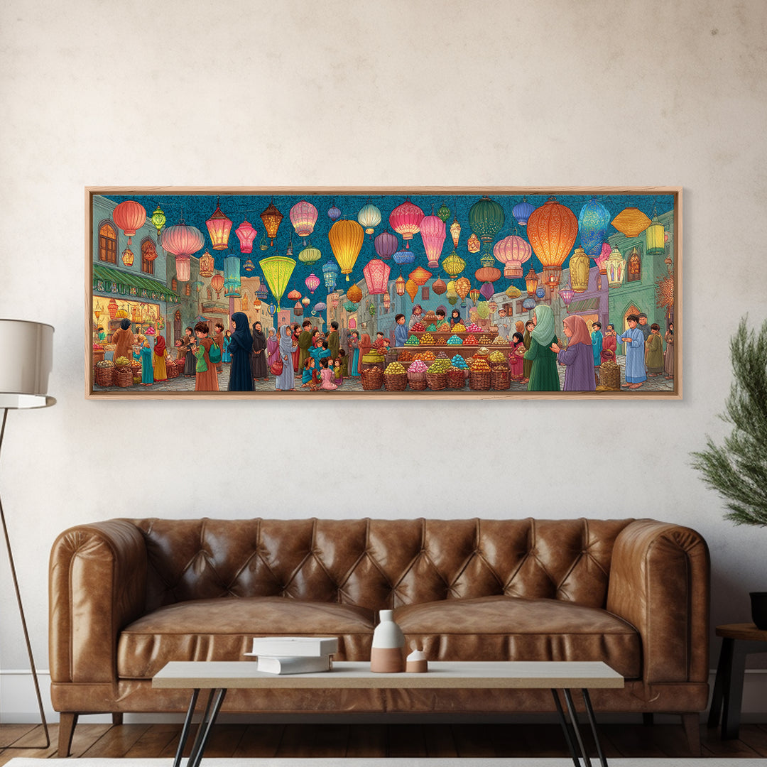 Bustling Market Scene Painting With Lanterns And People Vibrant Traditional Street Life Colorful Wall Art