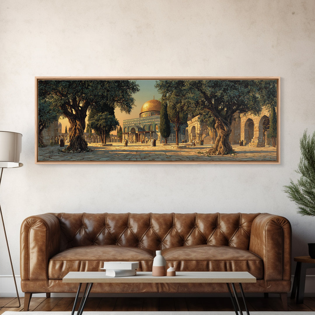 Stunning Realistic Mosque Courtyard With Olive Trees And People Framed Canvas Print For Islamic Home Decor Wall Art